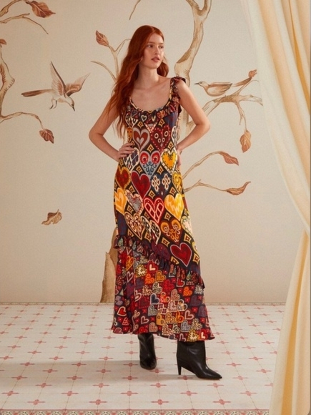 Farm Rio Hearts Ikat Black Maxi Dress Medium NWT
